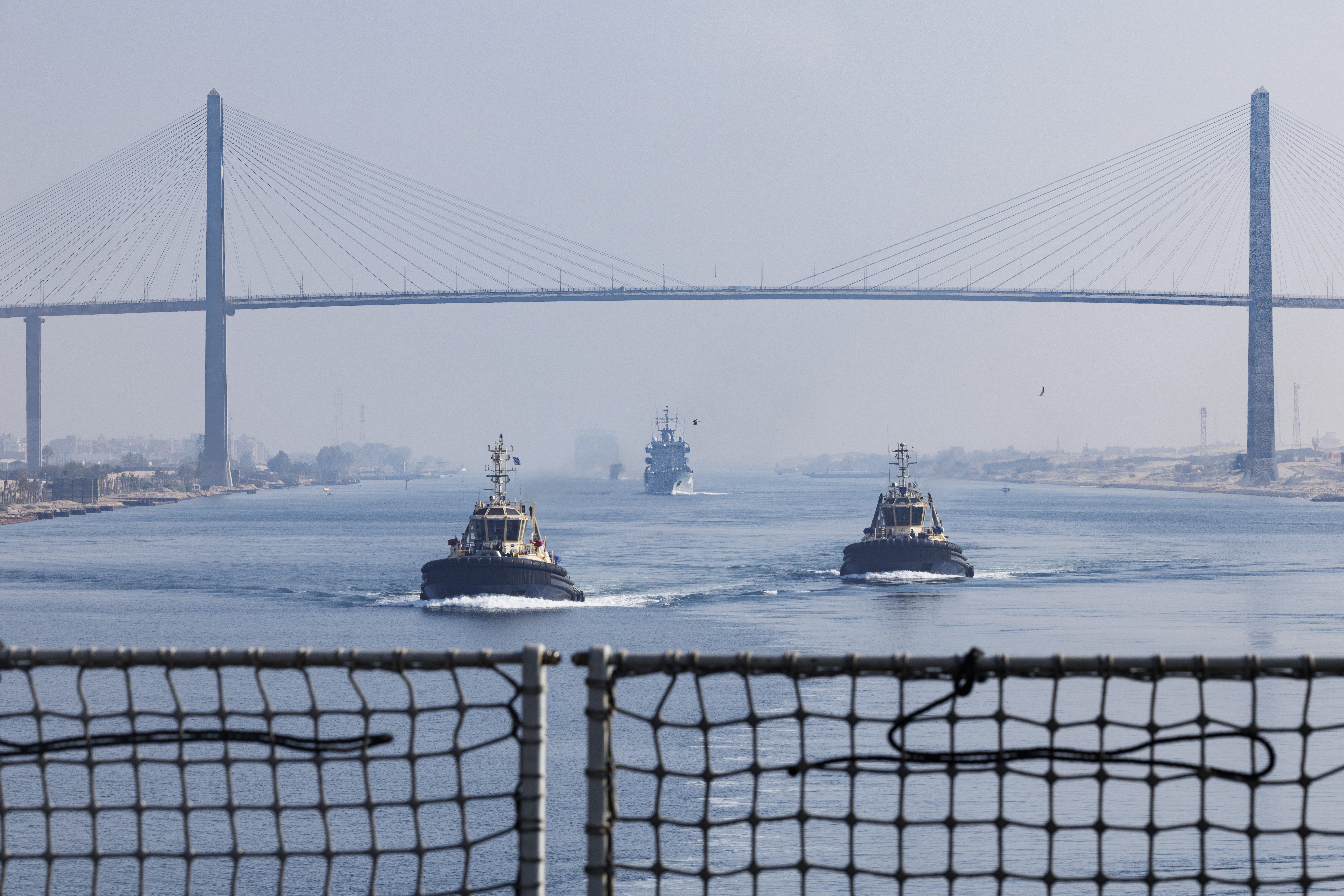 RFA Lyme Bay and the German Minehunter FGS Mosel, pass through the Suez Canal