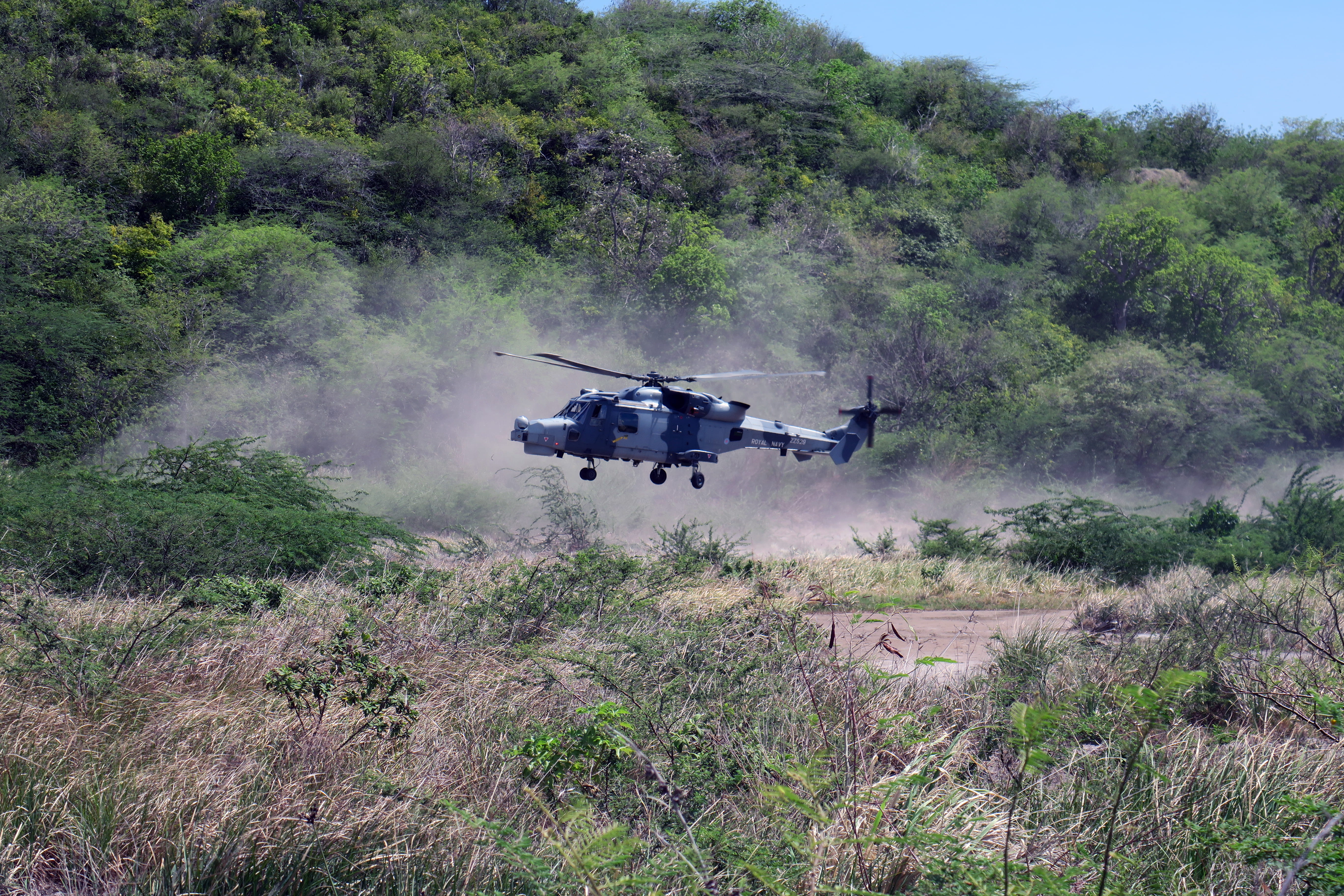 Wave Knight's Wildcat lifts off from its makeshift landing site at Fox Bay