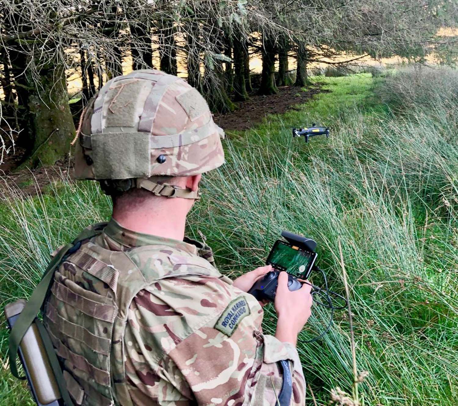 Royal Marines from 45 Commando during patrols exercises with small drones in the Brecon Beacons