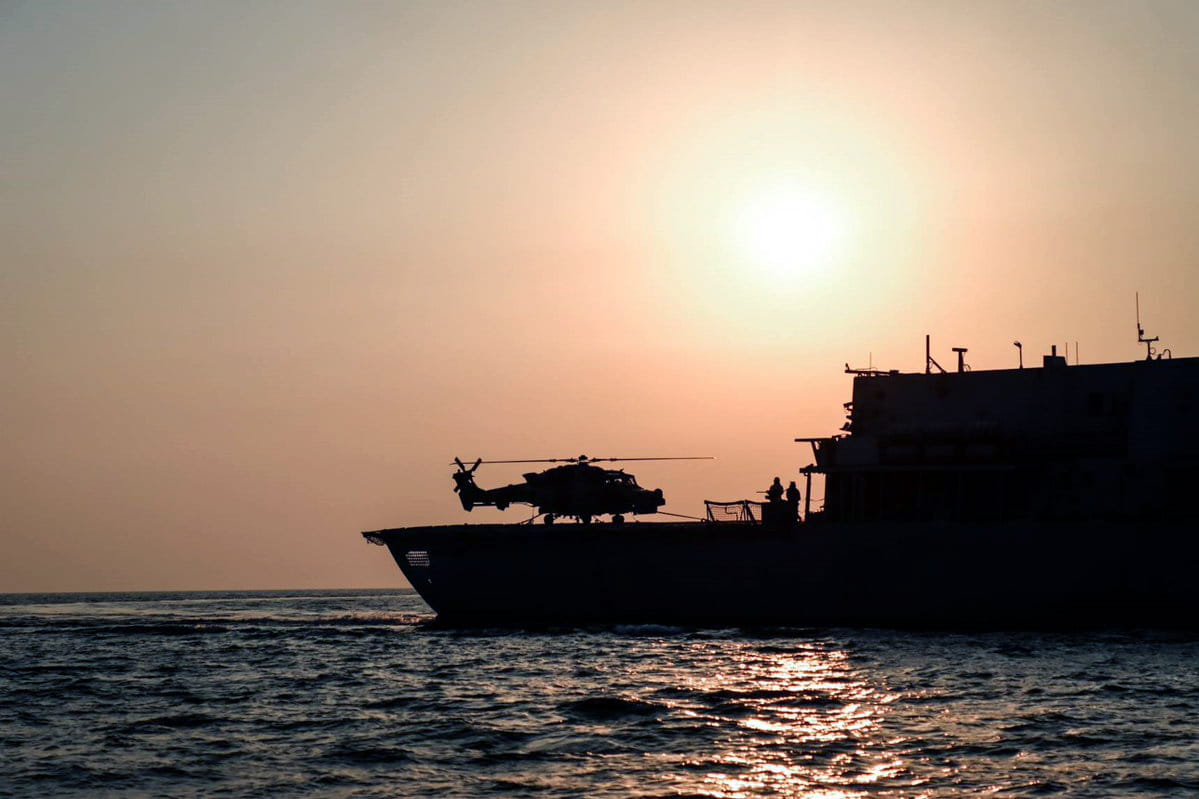 A Wildcat helicopter on Montrose's deck at sundown A Wildcat helicopter on Montrose's deck at sundown