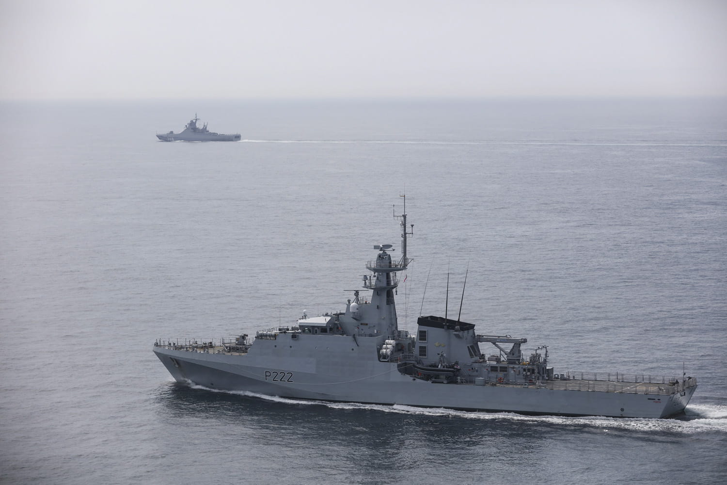 HMS Forth (foreground) accompanies the Russian Navy’s corvette, Vasily Bykov, through the English Channel