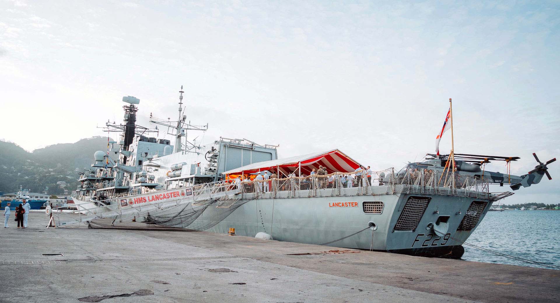 HMS Lancaster alongside in Victoria, Seychelles