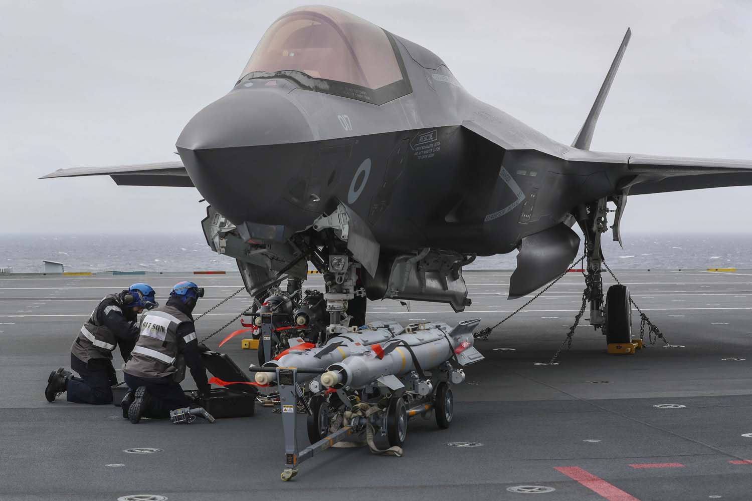 F-35B Lightning jet on HMS Queen Elizabeth being loaded with live ammunition for training drills. Picture: LPhot Belinda Alker