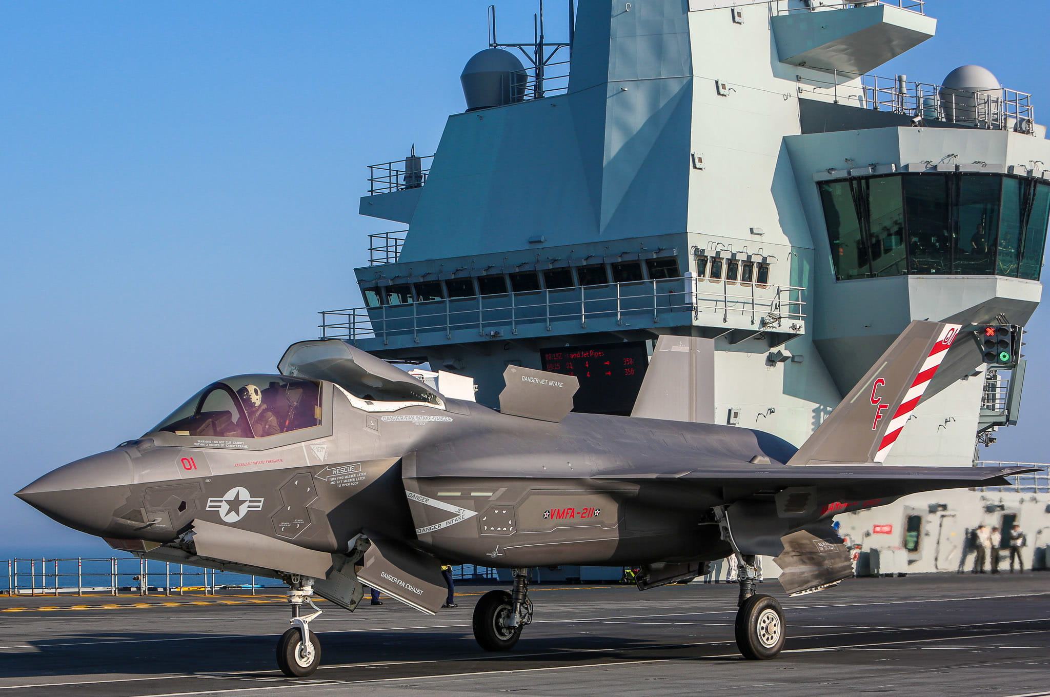 An F-35B Lightining of Marine Fighter Attack Squadron-211 (The Wake Island Avengers) aboard HMS Queen Elizabeth An F-35B Lightining of Marine Fighter Attack Squadron-211 (The Wake Island Avengers) aboard HMS Queen Elizabeth