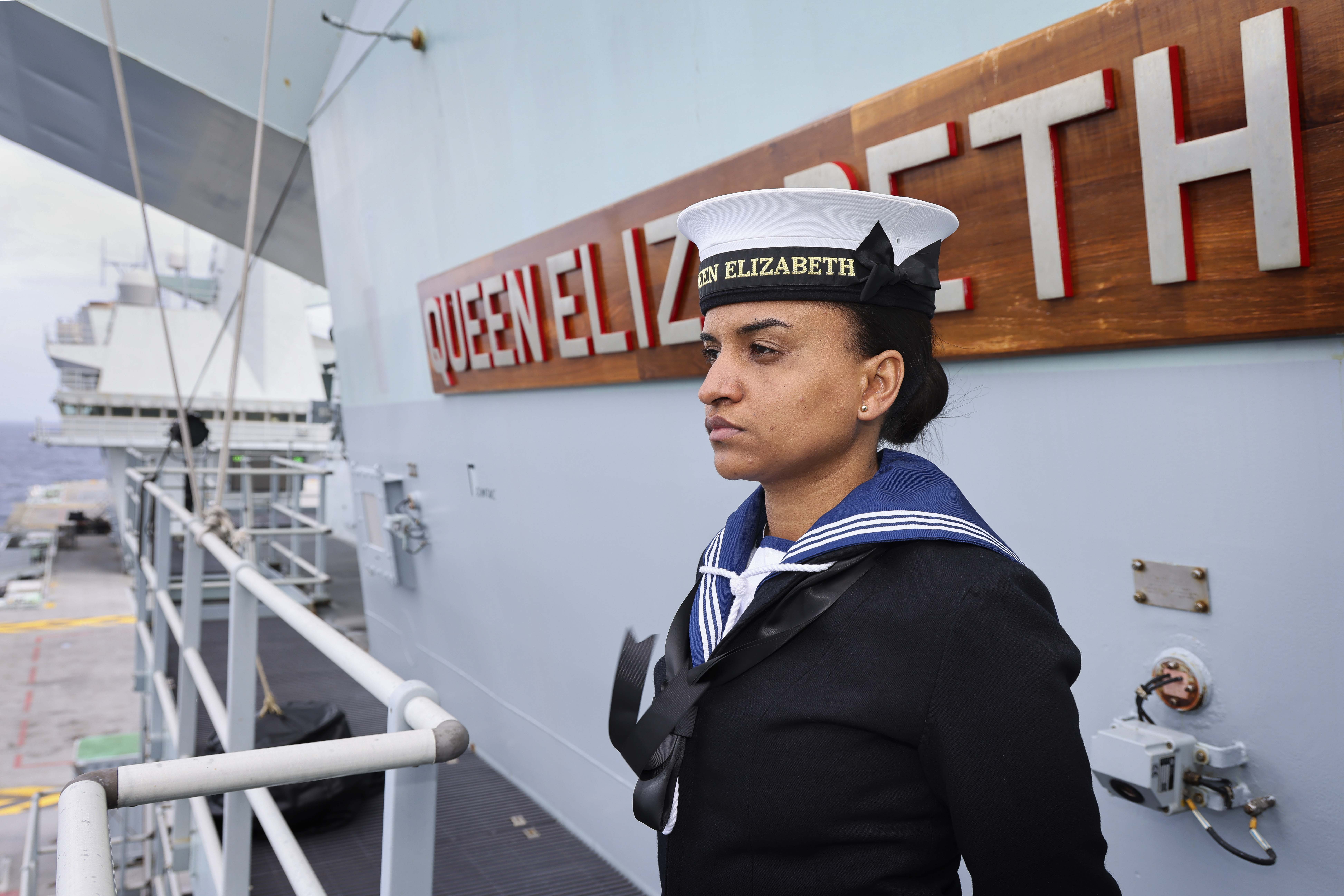 AB(Wtr) Alisha Defreitas on board the Royal Navy flagship HMS Queen Elizabeth at sea on operations.