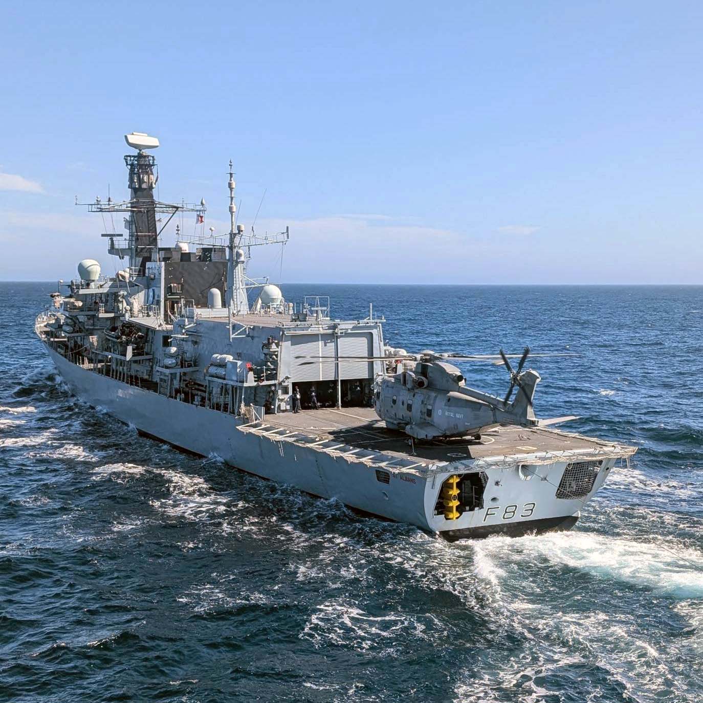 S St Albans on patrol in the Atlantic with her Merlin on deck 