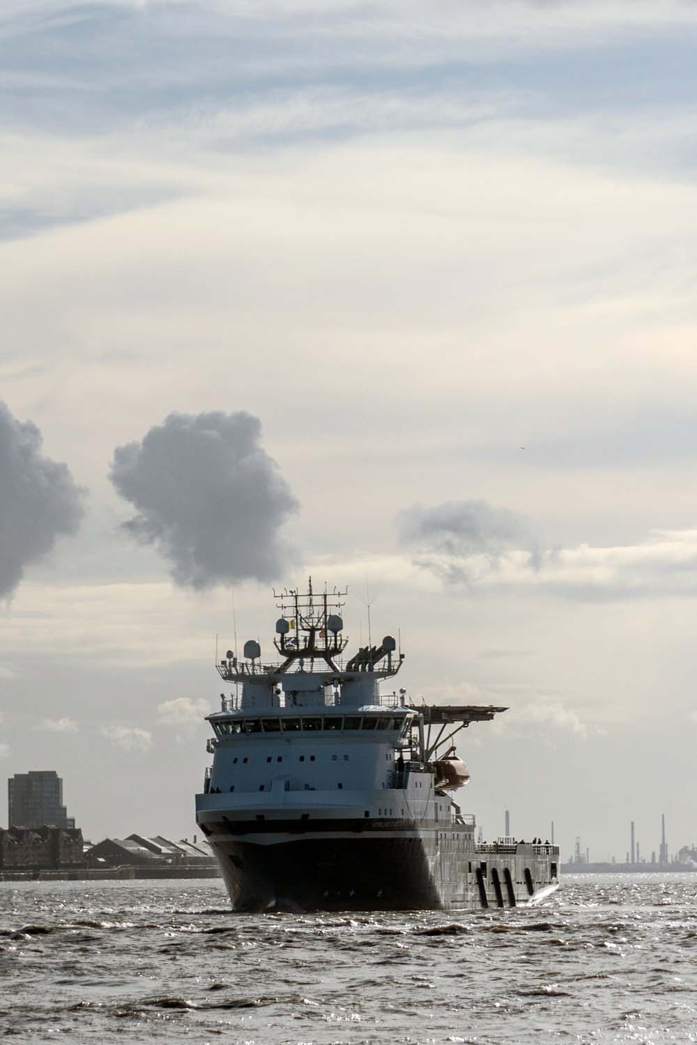 HMS Stirling Castle sails down the Mersey estuary to being trials and training