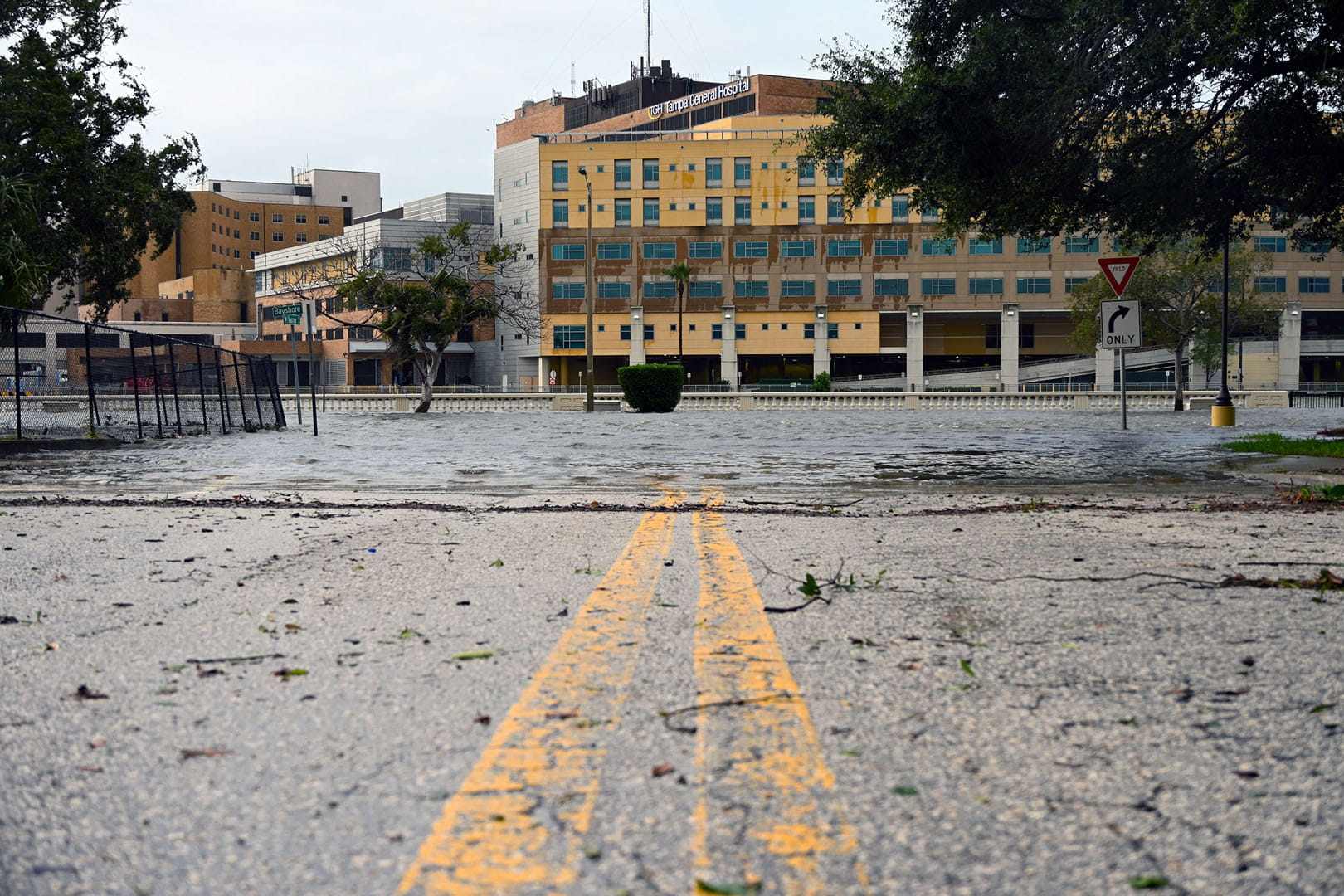 Flooded streets in downtown Tampa during Hurricane Idalia in 2023