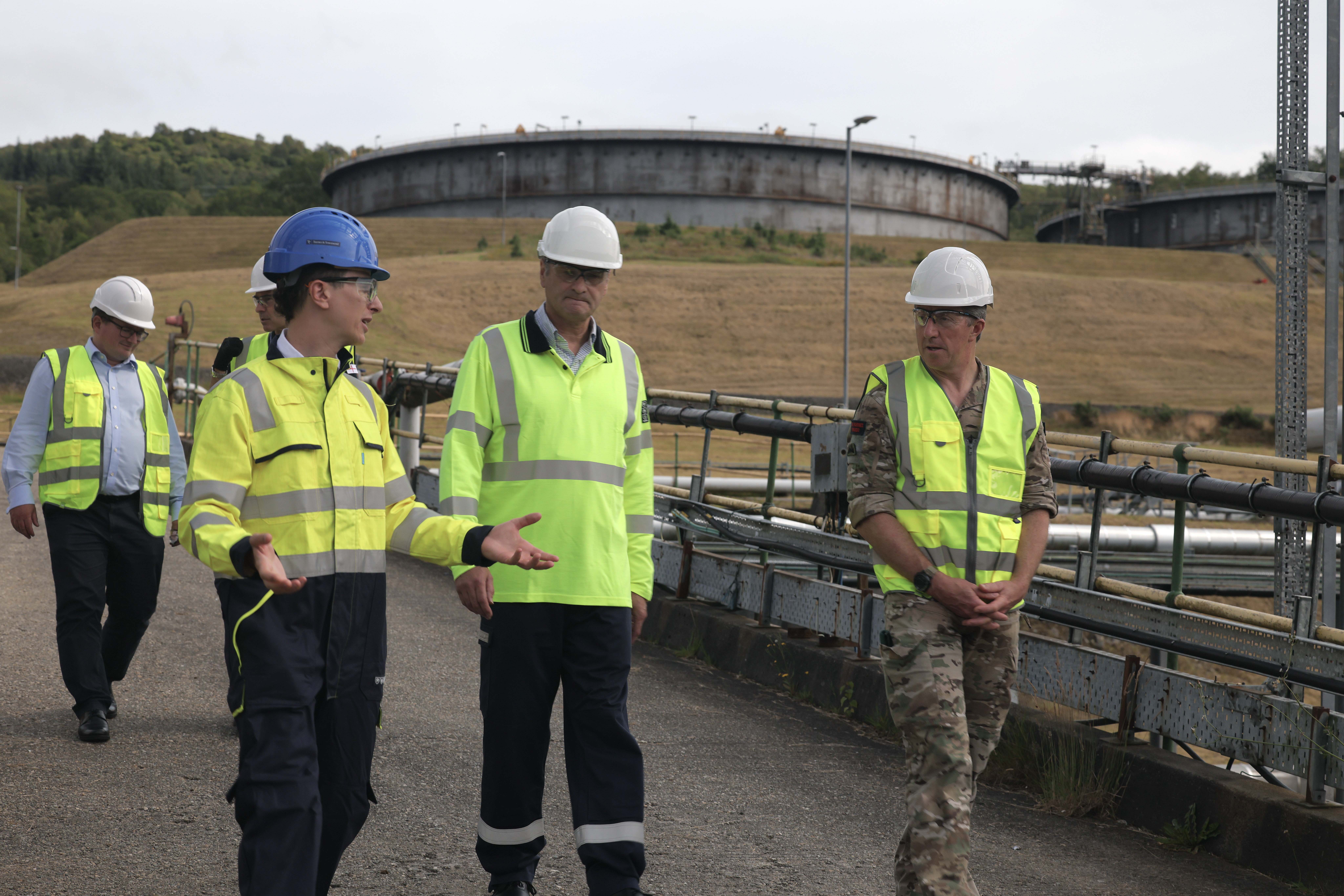 First Sea Lord Sir Gwynn Jenkins receives a tour of Finnart Oil Terminal with OPA leadership and Royal Navy representatives