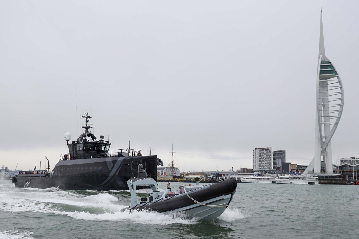 An uncrewed Pacific 24 rigid inflatable boat was remotely controlled from Royal Navy experimentation ship XV Patrick Blackett while the pair sailed off the coast of Portsmouth. Picture: LPhot Oliver Leach