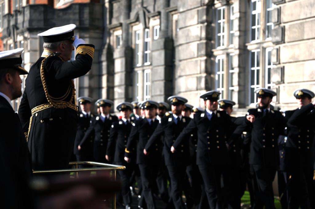Chief of Defence Staff Admiral Sir Tony Radakin takes the salute as Officer Cadets pass out at Dartm