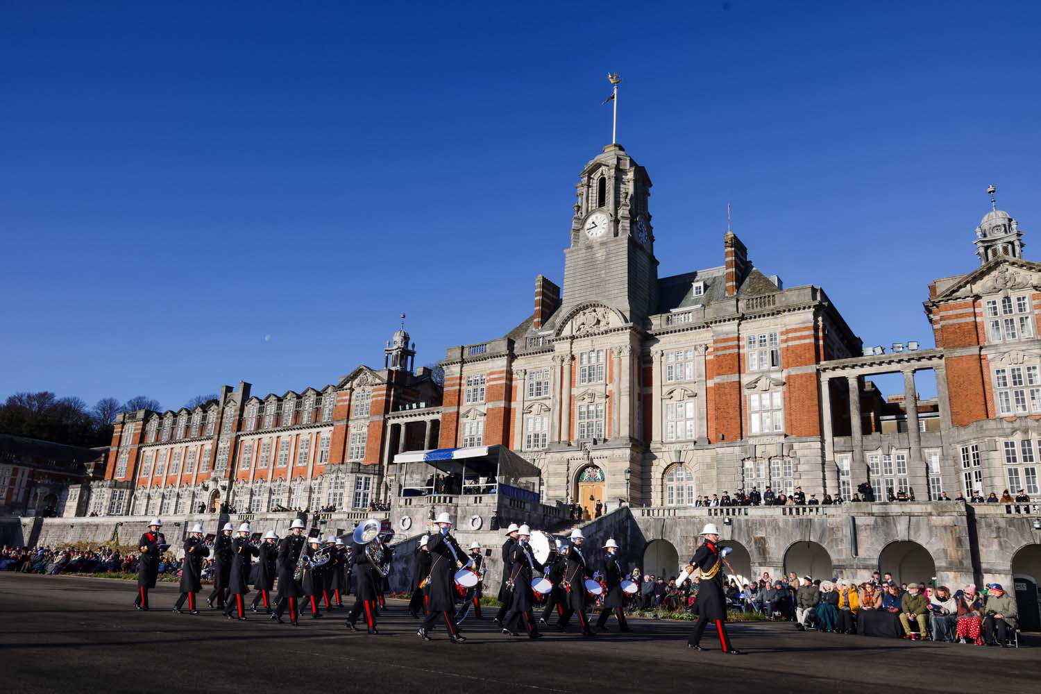 The Royal Marines Band performs at a passing out parade at BRNC in 2022