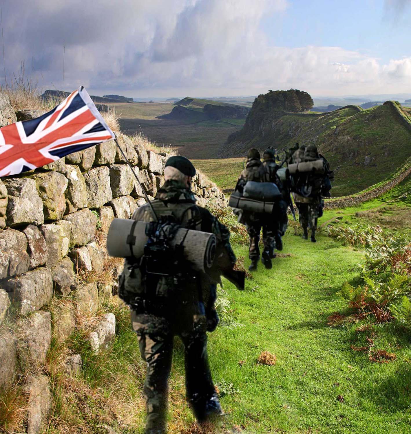 A montage of the iconic Falklands yompers superimposed on a stretch of Hadrian's Wall