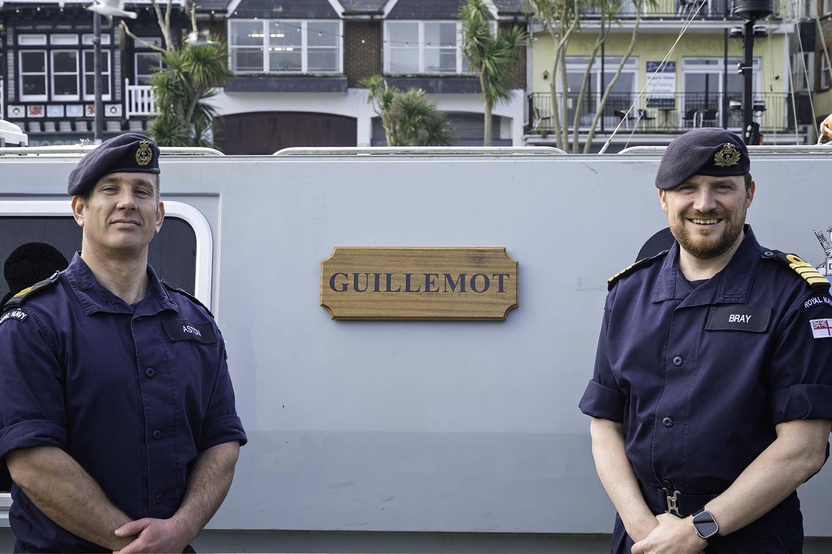 River Officer WO1 Rattenbury (left) and CO BRNC Captain Andy Bray on the newly-renamed Guillemot