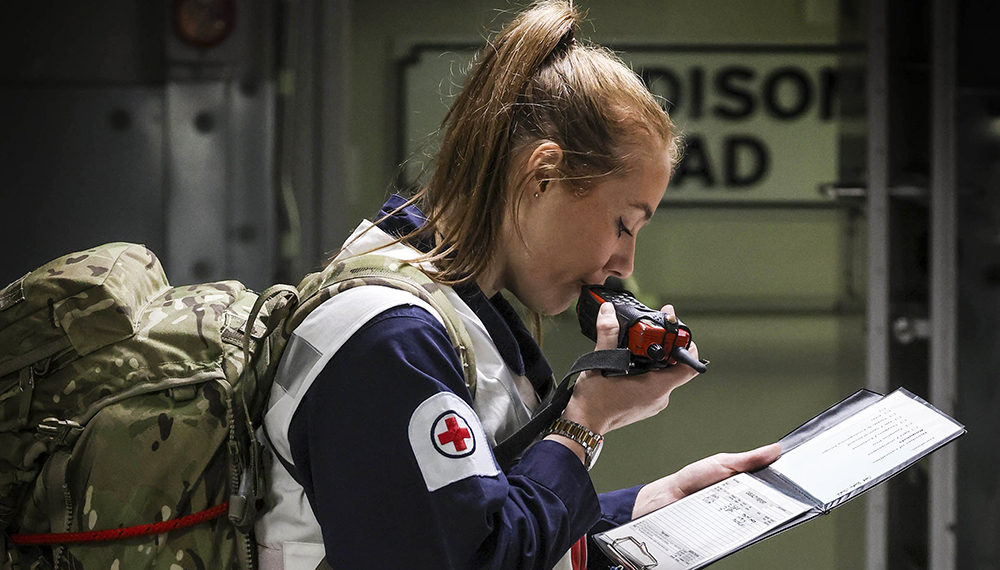 Pictured Ship's company first aiders take care of a casualty during an exercise