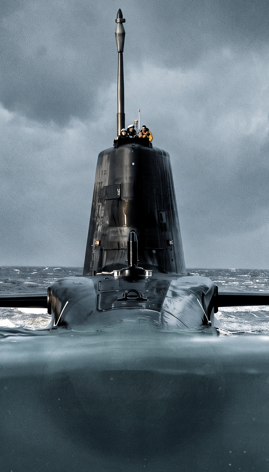An image facing front onto a submarine half submerged into the water