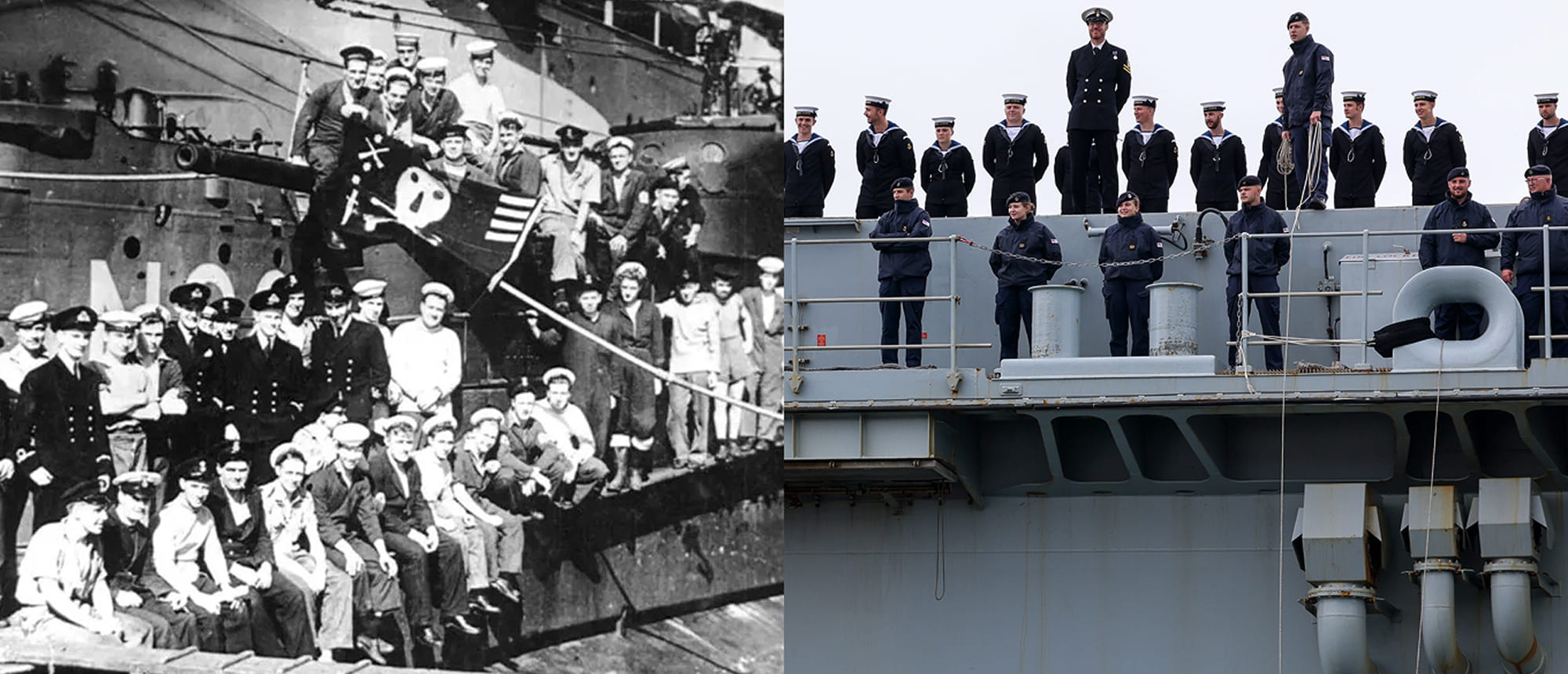 Two images side by side - one showing a black-and-white photo shows several submariners from HMS Trusty. In the background, a service member holds a Jolly Roger flag with four white stripes. The next showing A photo in colour shows men and women service personnel of the present-day Royal Navy, on board HMS Queen Elizabeth..